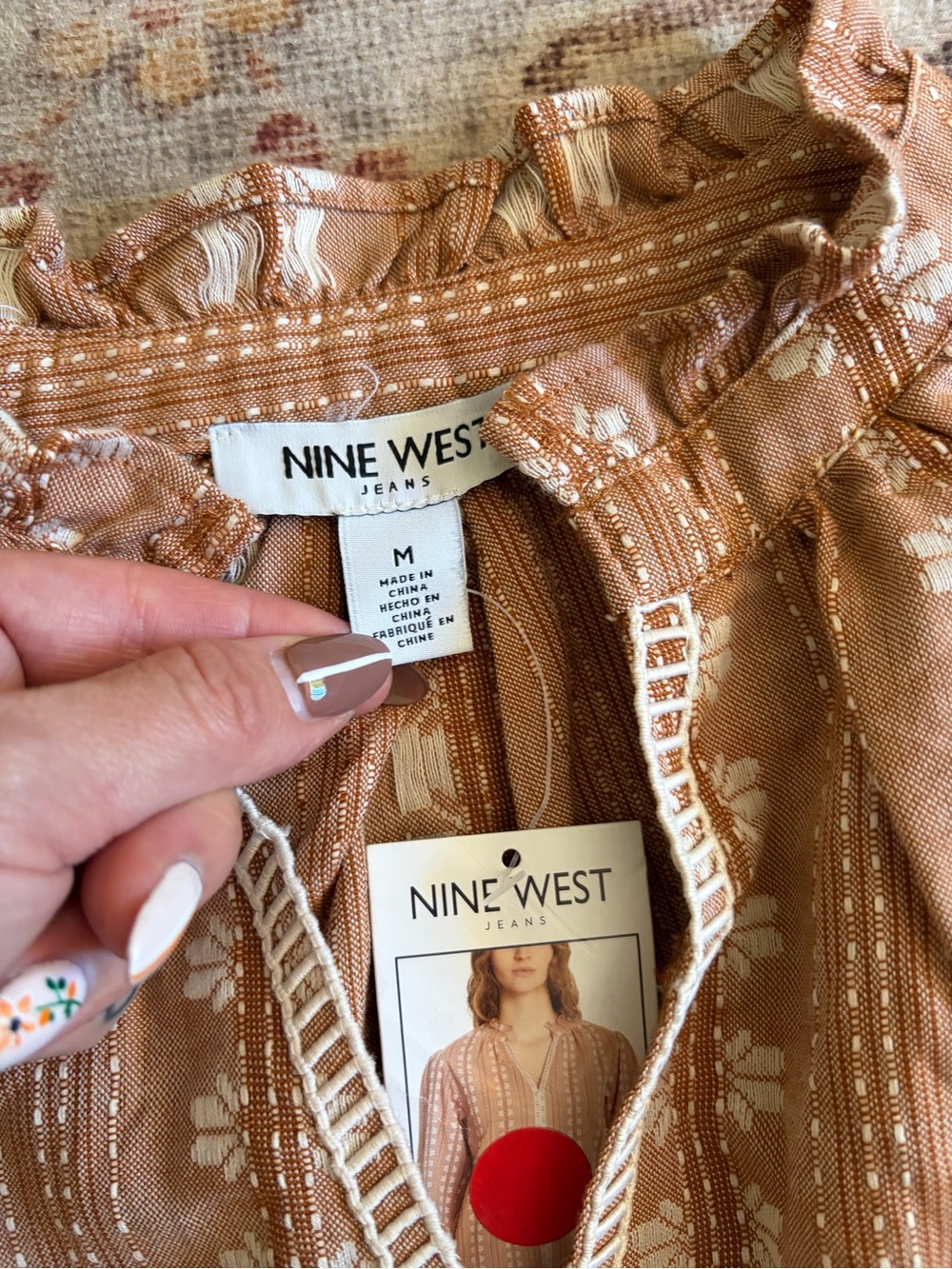 Nine West Rust-Brown Printed Balloon-Sleeve Blouse - Picture 5 of 7